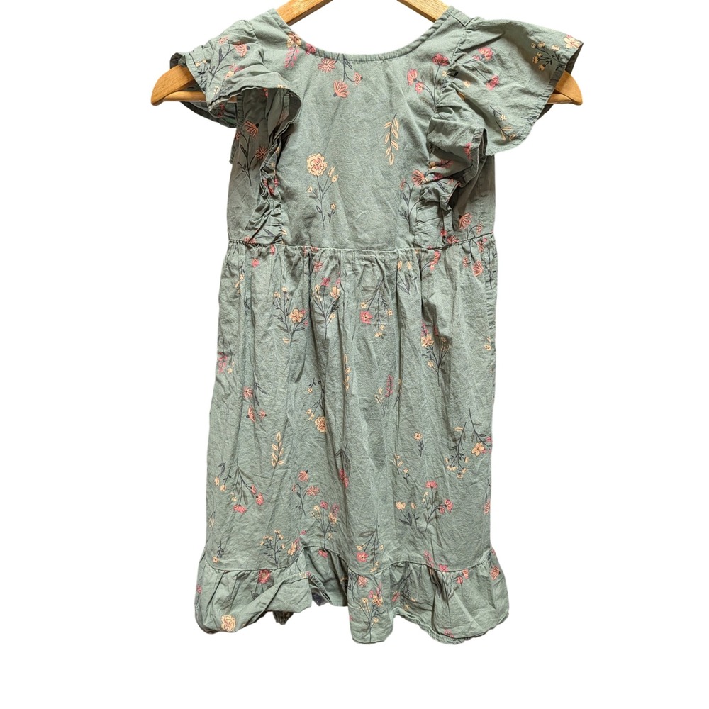 Carters Kid Girls Sage Green Floral Flutter Sleeve Ruffle Hem Cotton Dress 5 5A
